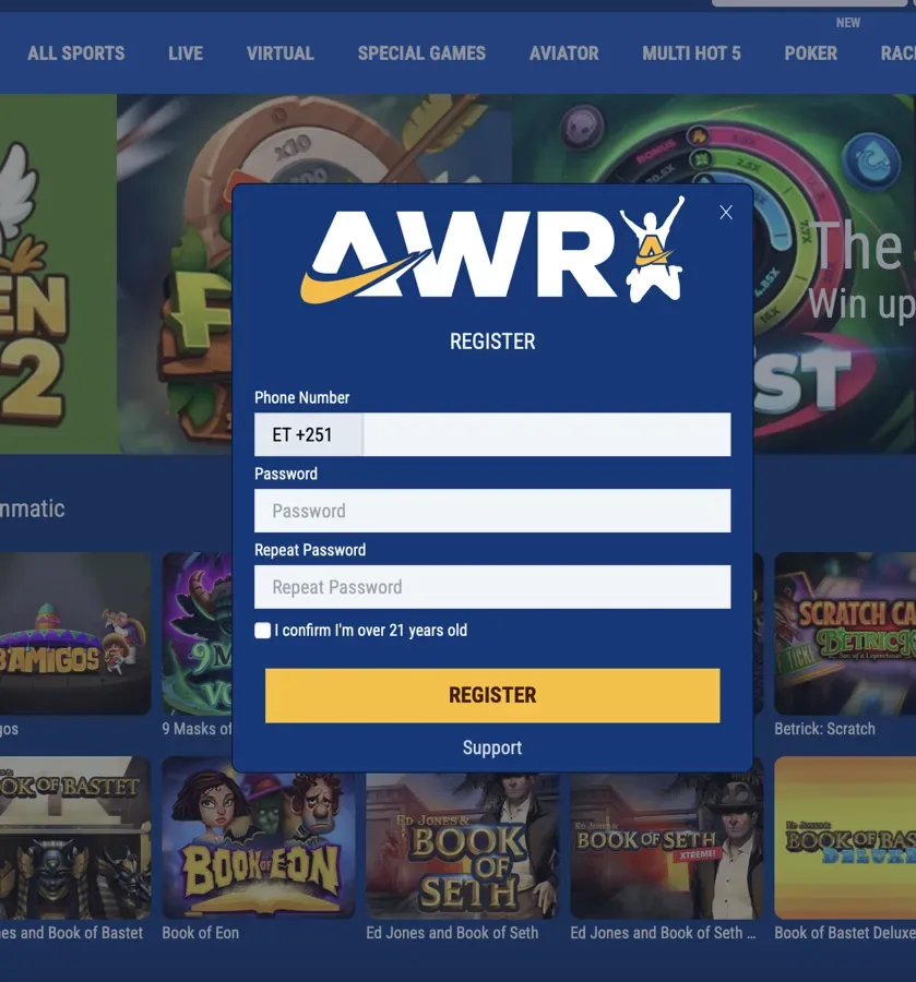 Awrabet login and registration form with ET +251 phone number, password and 21+ confirmation